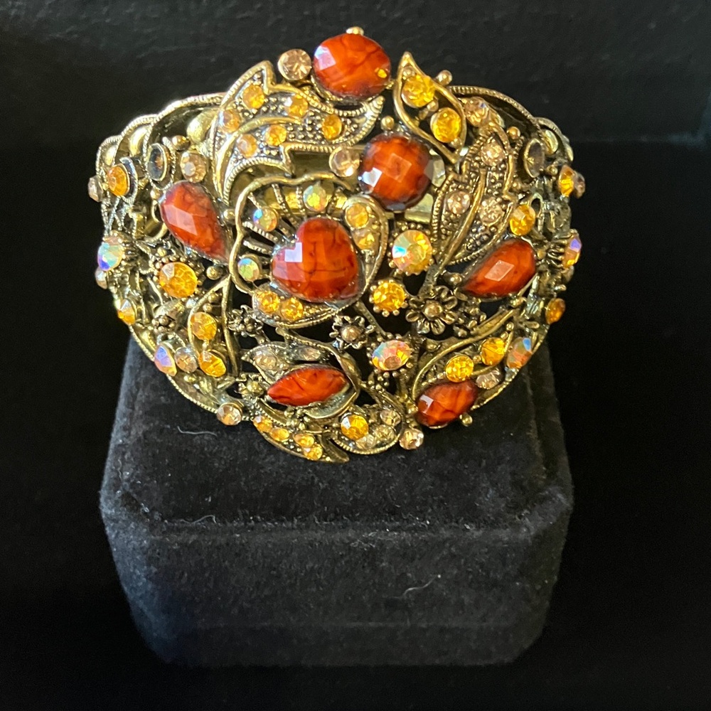 Vintage gold, tone, cuff, bracelet, brown, and Amber rhinestones